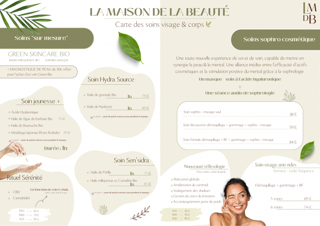 Affiche des soins proposés par l'institut